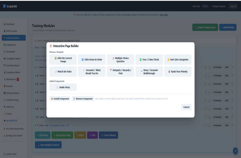 ScriptLMS Interactive Page Builder with ten activity templates for staff training